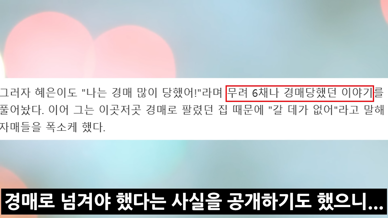 한달에 1억 2천만원씩 벌던 혜은이, 경매로 집 6채 날려 힘든 상황... 이상민과의 차이점은 바로 이것