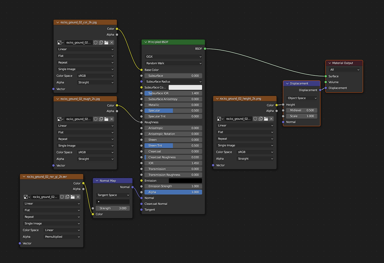 [Blender] 셰이더 에디터 Diffuse, Roughness, Normal Map, Displacement Height 적용
