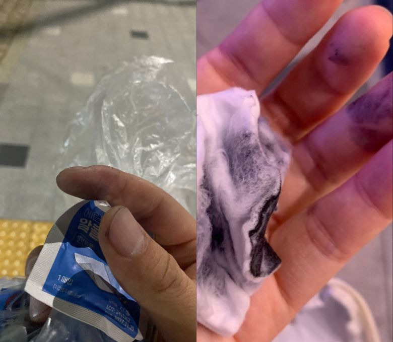 보아 낙서 테러 자발적 정화 활동 중 손에 묻은 검은 스프레이 흔적, 낙서 지우는 팬의 대응