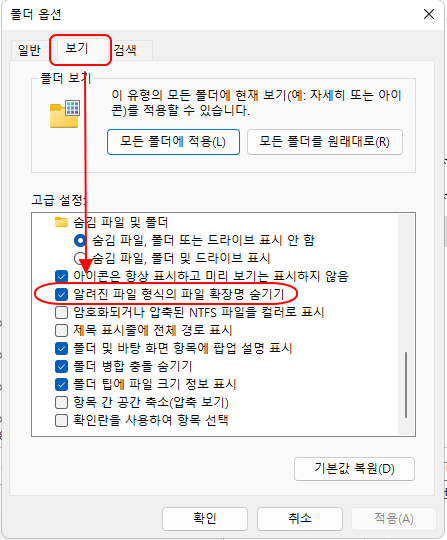 윈도우11, 파일 탐색기에서 숨겨진 파일 확장자 확인하는 방법 2 ywAAAAAAQABAAACAUwAOw==