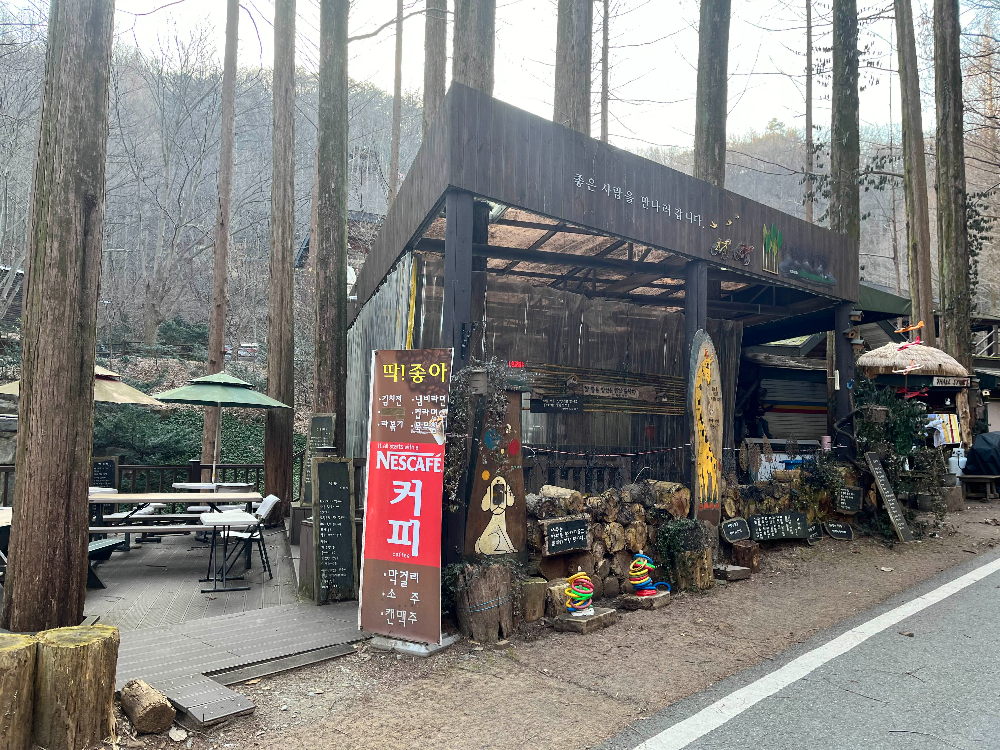자연휴양림 내에 위치한 카페건물과 야외 테이블