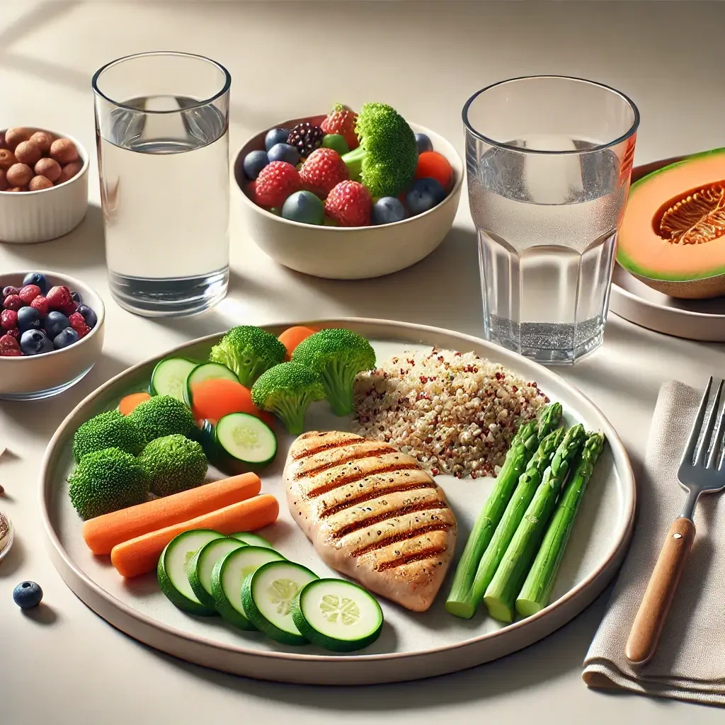 췌장염 관리에 적합한 저지방 건강 식단, 찐 채소와 닭가슴살, 퀴노아와 과일로 구성된 균형 잡힌 한 끼