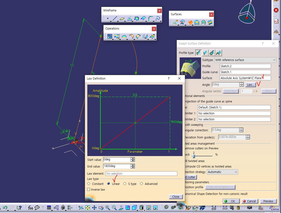 [CATIA] 42. Surface Practice , Line에 평행하게 붙는 면 만들기, Law 옵션(Sweep)