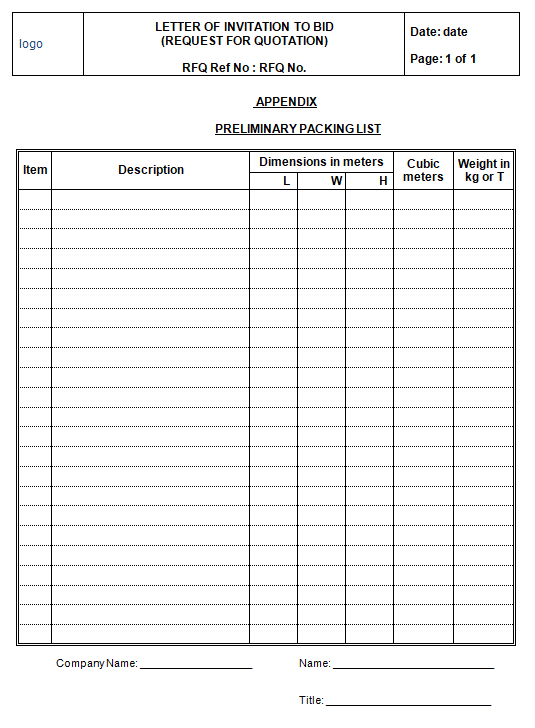 Preliminary Packing List form