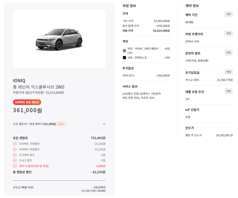 아이오닉5 장기렌트 매월 36만원 견적 후기