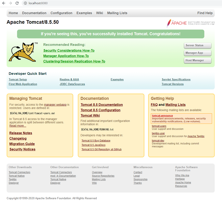 localhost port for apache tomcat 8