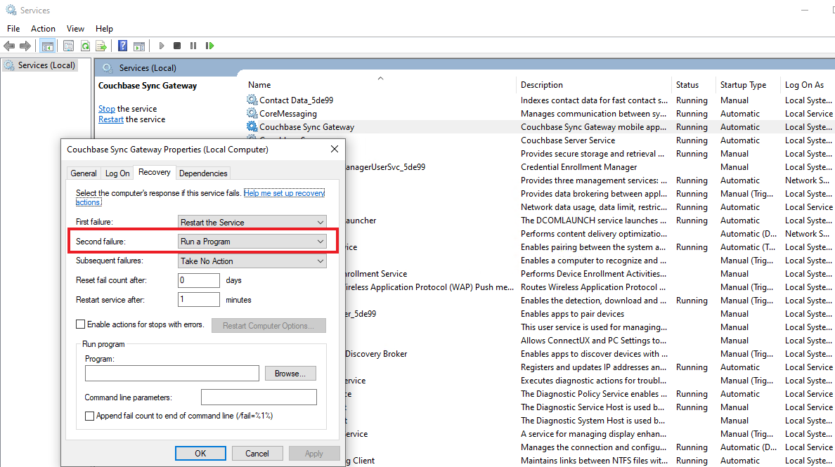 Windows rebooting 경우 services 에 등록된 프로그램이 실행이 안 될 때, 복원(recovery)으로 실행시키기