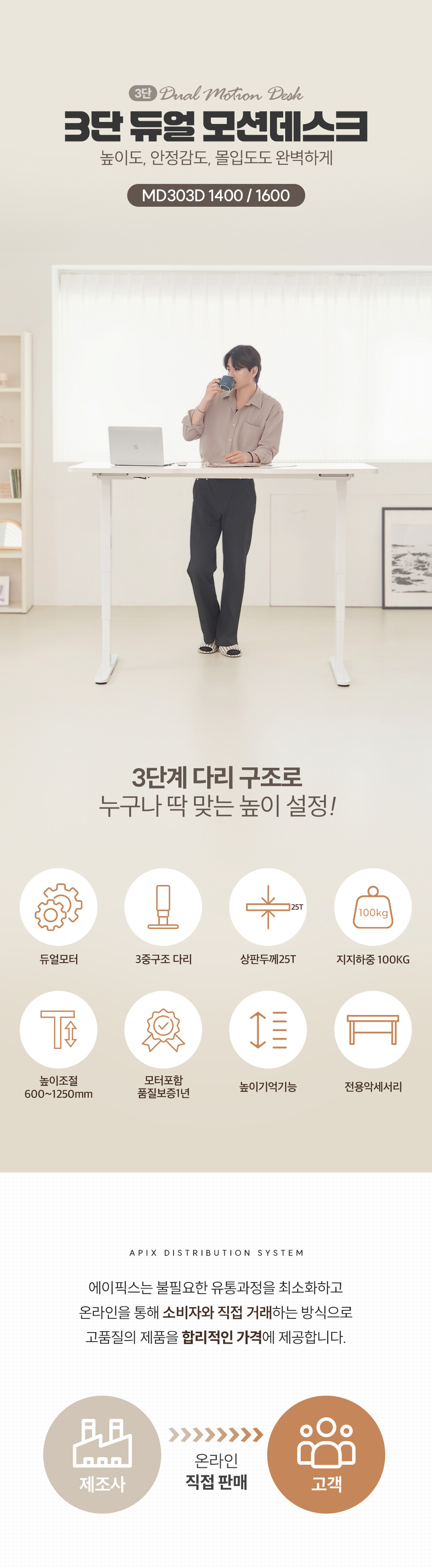 에이픽스 듀얼 모터 전동 3단 높이조절 스탠딩 모션데스크 MD303D 1400