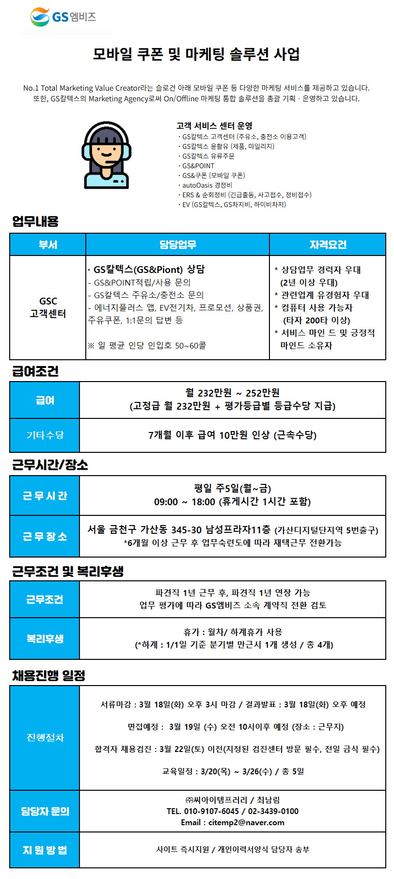 [(주)씨아이템프러리] 월-250만/일50콜 [GS칼텍스] 단순 문의 인바운드 채용(D-21) - 사람인