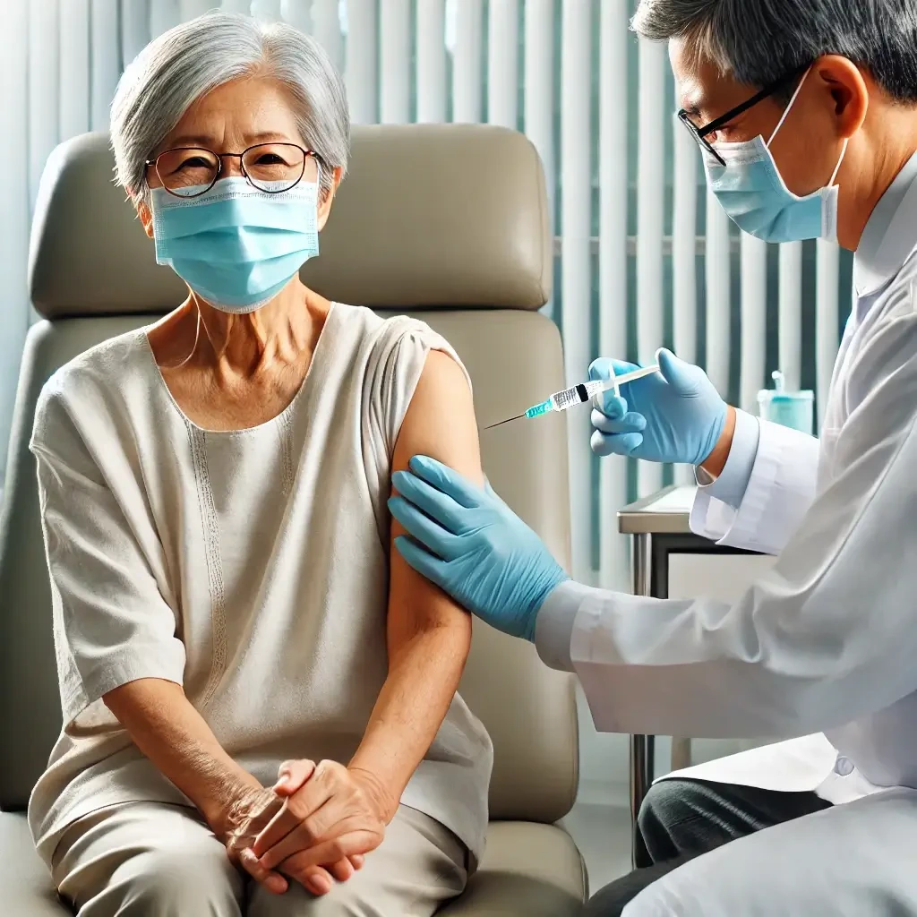 동양인 65세 이상의 노인이 병원에서 백신 주사를 맞는 모습. 의료진이 장갑과 마스크를 착용하고 주사를 신중히 놓고 있으며, 깨끗하고 전문적인 의료 환경이 강조되어 예방접종의 중요성을 시각적으로 표현.