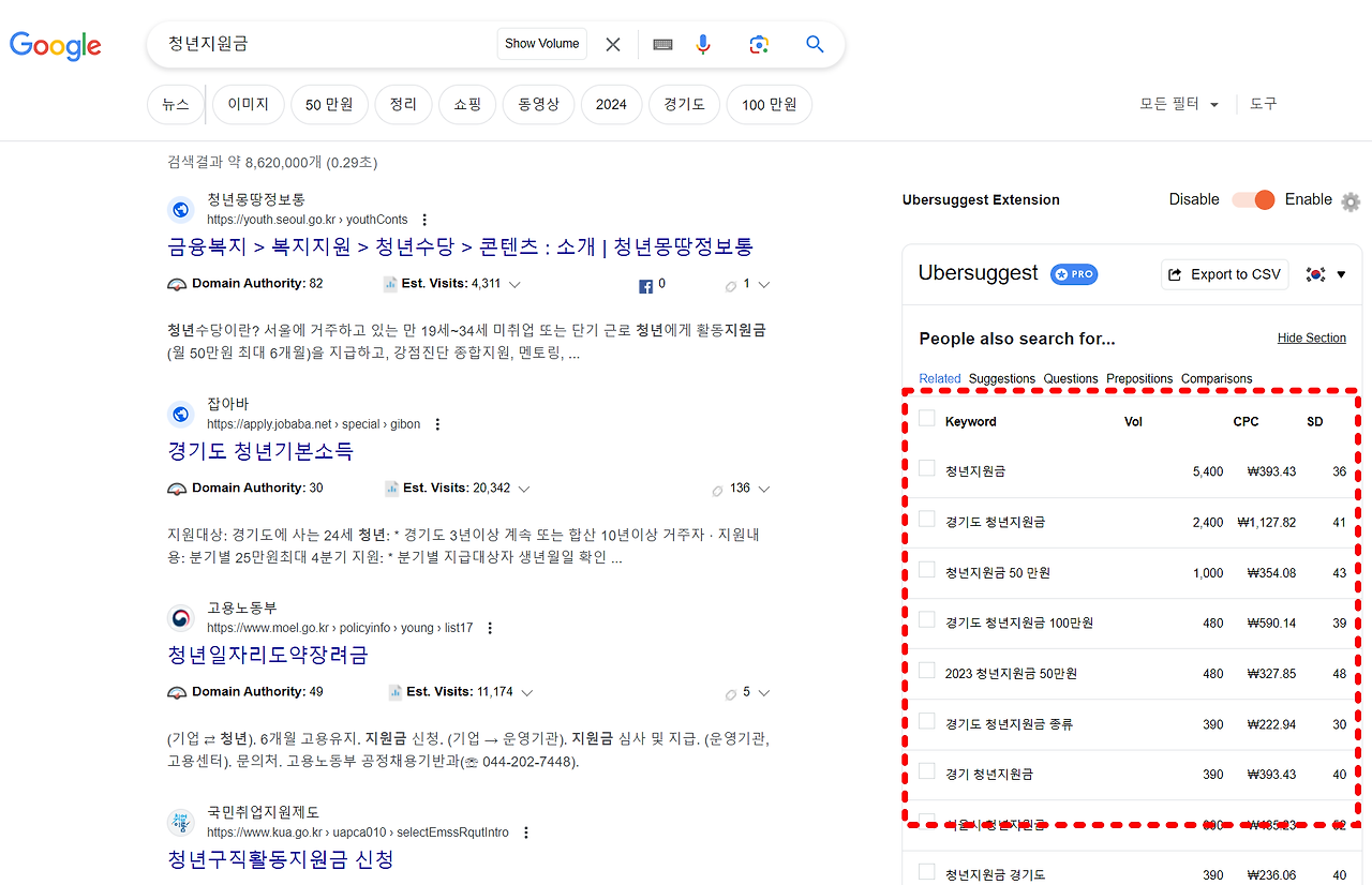 구글검색 키워드 쉽게찾는 우버서제스트 사용법