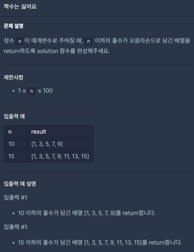 2023.02.13 Programmers [짝수는 싫어요] Javascript Algorithm