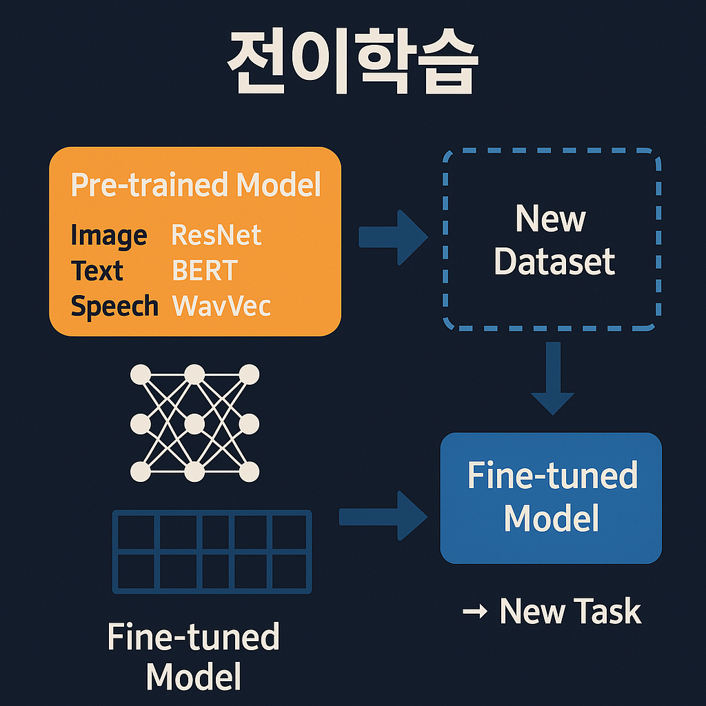 전이학습 개념 설명 이미지 – 사전학습 모델이 새로운 데이터셋에 적용되어 성능이 향상되는 과정