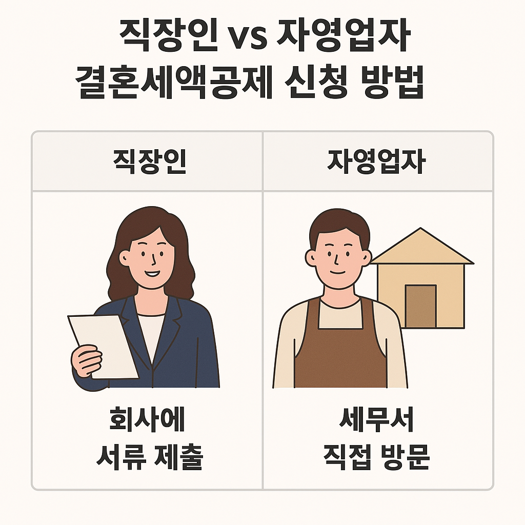 직장인과 자영업자의 결혼세액공제 신청 방법 비교 인포그래픽, 각각 회사 제출과 세무서 직접 신고 장면