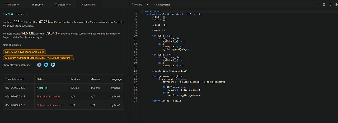 [릿코드 1347] Minimum Number of Steps to Make Two Strings Anagram (파이썬/python)