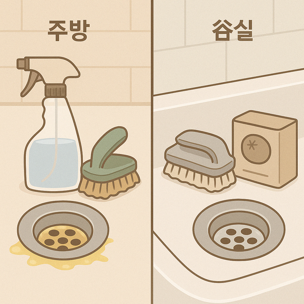 주방 배수구와 욕실 배수구 관리 방법을 나란히 보여주는 안내 일러스트