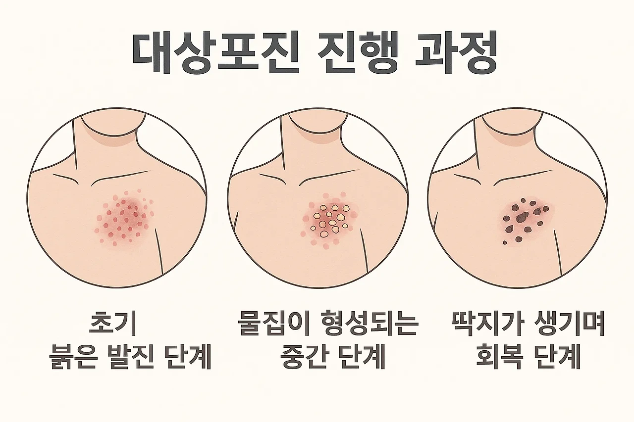대상포진 진행 과정: 초기 붉은 발진 단계, 물집이 형성되는 중간 단계, 그리고 딱지가 생기며 회복되는 단계까지 3단계로 표현된 의료 일러스트
