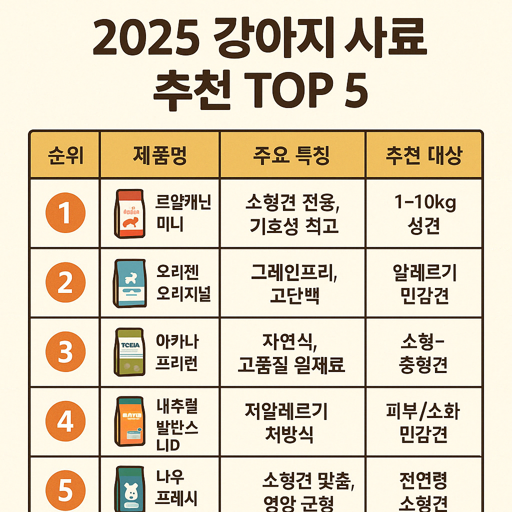2025 수의사 추천 강아지 사료 TOP5 비교표