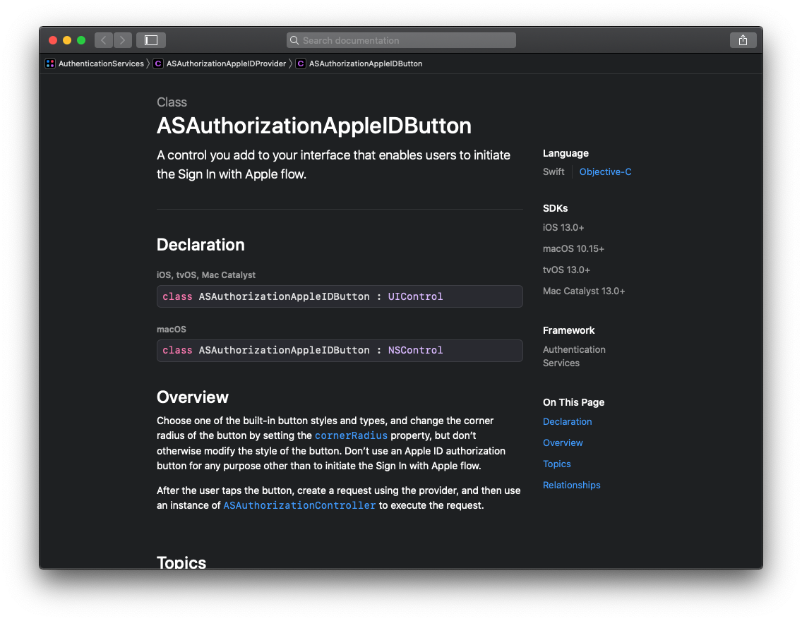 Apple 공식문서의 ASAuthorizationAppleIDButton