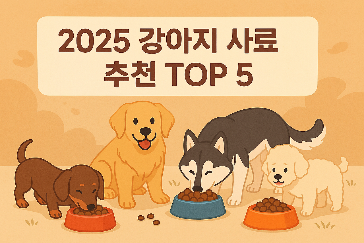 강아지들이 사료를 먹는 모습과 '2025 강아지 사료 추천 TOP 5' 문구가 있는 일러스트 썸네일 이미지