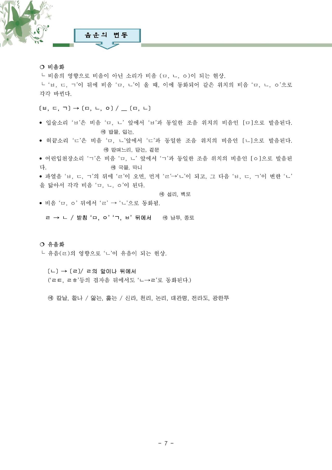 국어 문법 정리 : 음운의 변동(비음, 유음, 구개음, 비음화, 유음화, 개구음화, 경음화, 음절의 끝소리 규칙, 자음군 단순화 ...