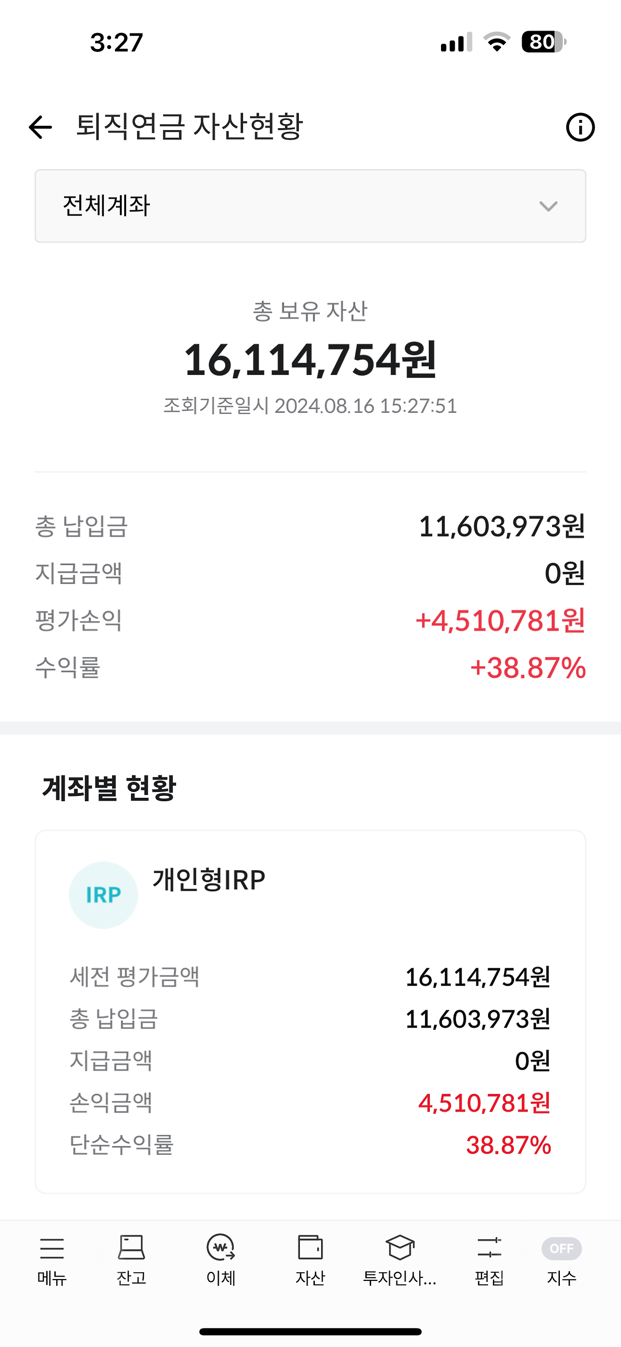 개인퇴직연금(IRP) 포트폴리오 투자 수익률(24.08. +38.70%)