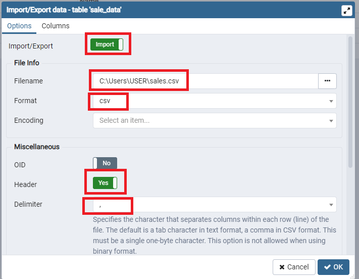 datagrip import csv create table