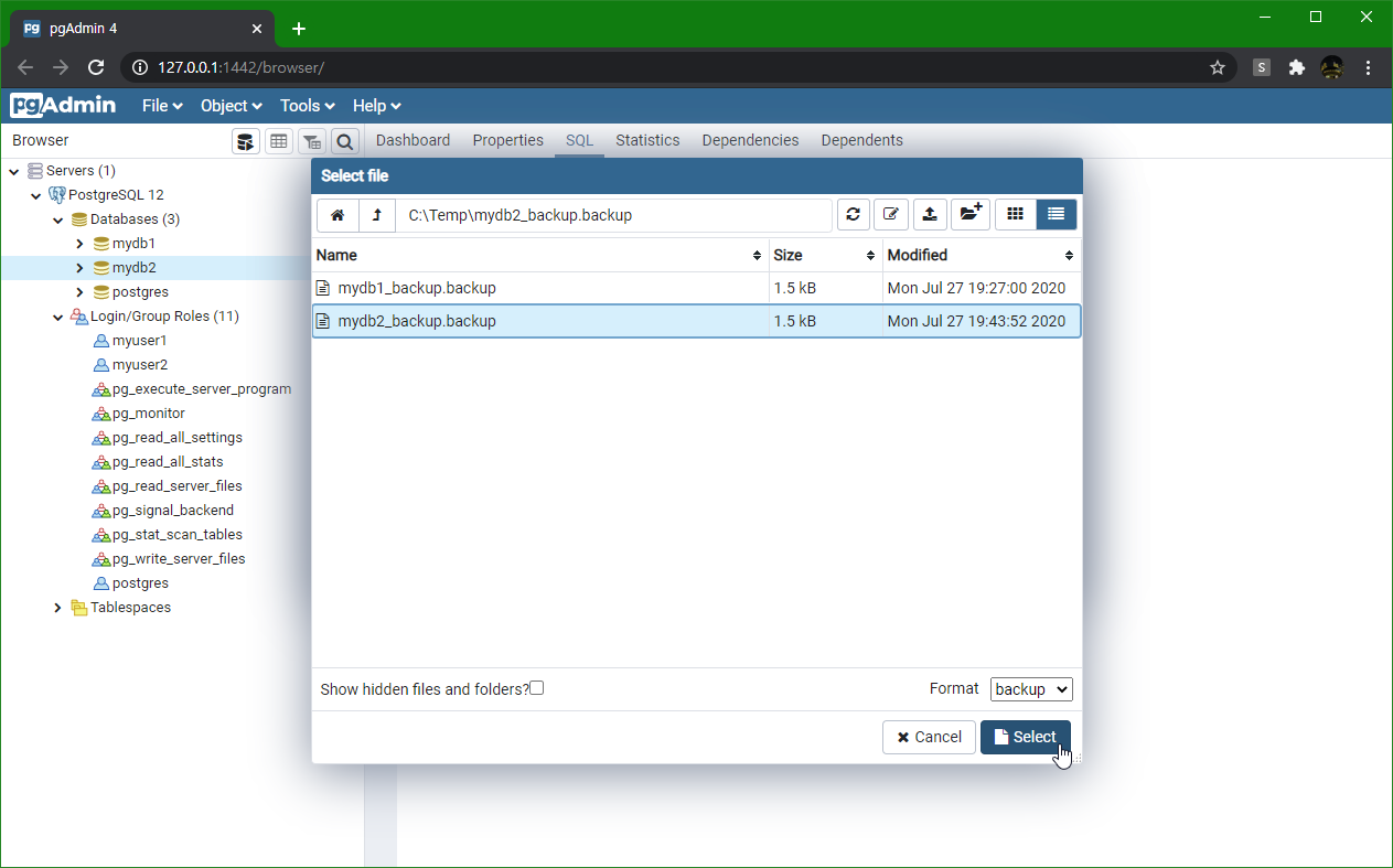pgadmin 4 backup and restore database
