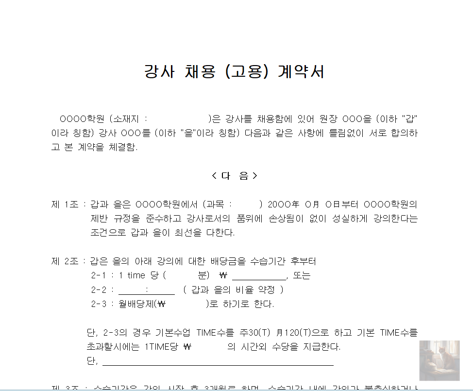 강사 (채용 고용) 계약서 무료 서식 양식 다운로드 및 작성방법