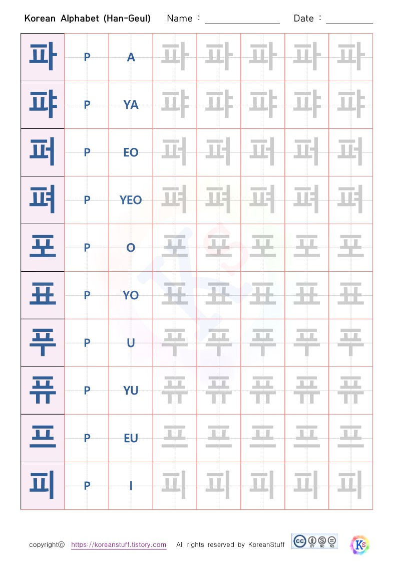 [ Korean Alphabets ] 파퍄퍼펴포표푸퓨프피 한글 따라쓰기