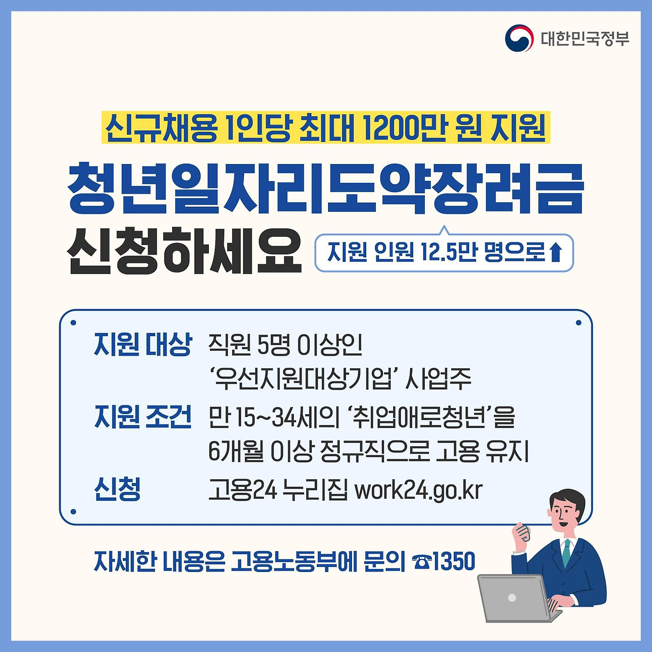 1. 청년일자리도약장려금 신청하세요
- 신규채용 1인당 최대 1200만 원 지원
- 지원 인원 12.5만 명으로 상향
- 지원 대상: 직원 5명 이상인 '우선지원대상기업' 사업주
- 지원 조건: 만 15~34세의 '취업애로청년'을 6개월 이상 정규직으로 고용 유지
- 신청: 고용24 누리집 work24.go.kr
자세한 내용은 고용노동부에 문의 H.P1350