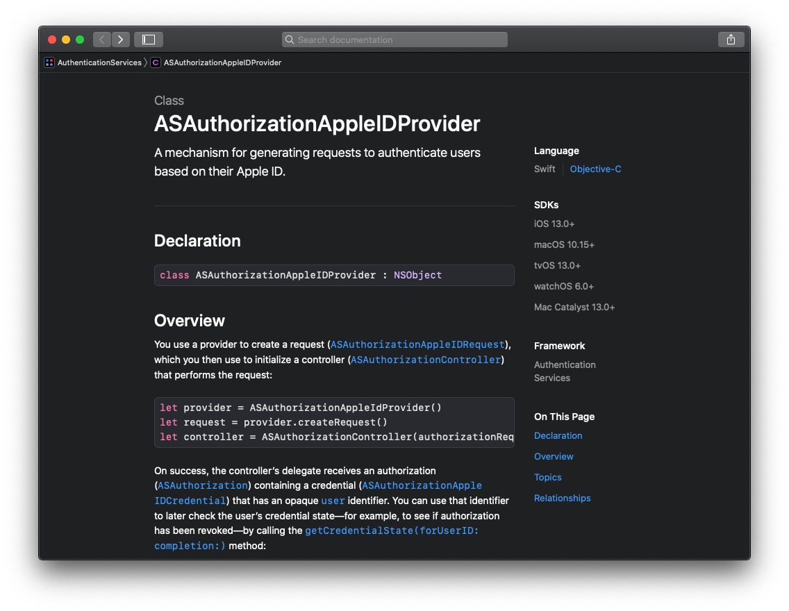 Apple 공식문서의 ASAuthorizationAppleIDProvider