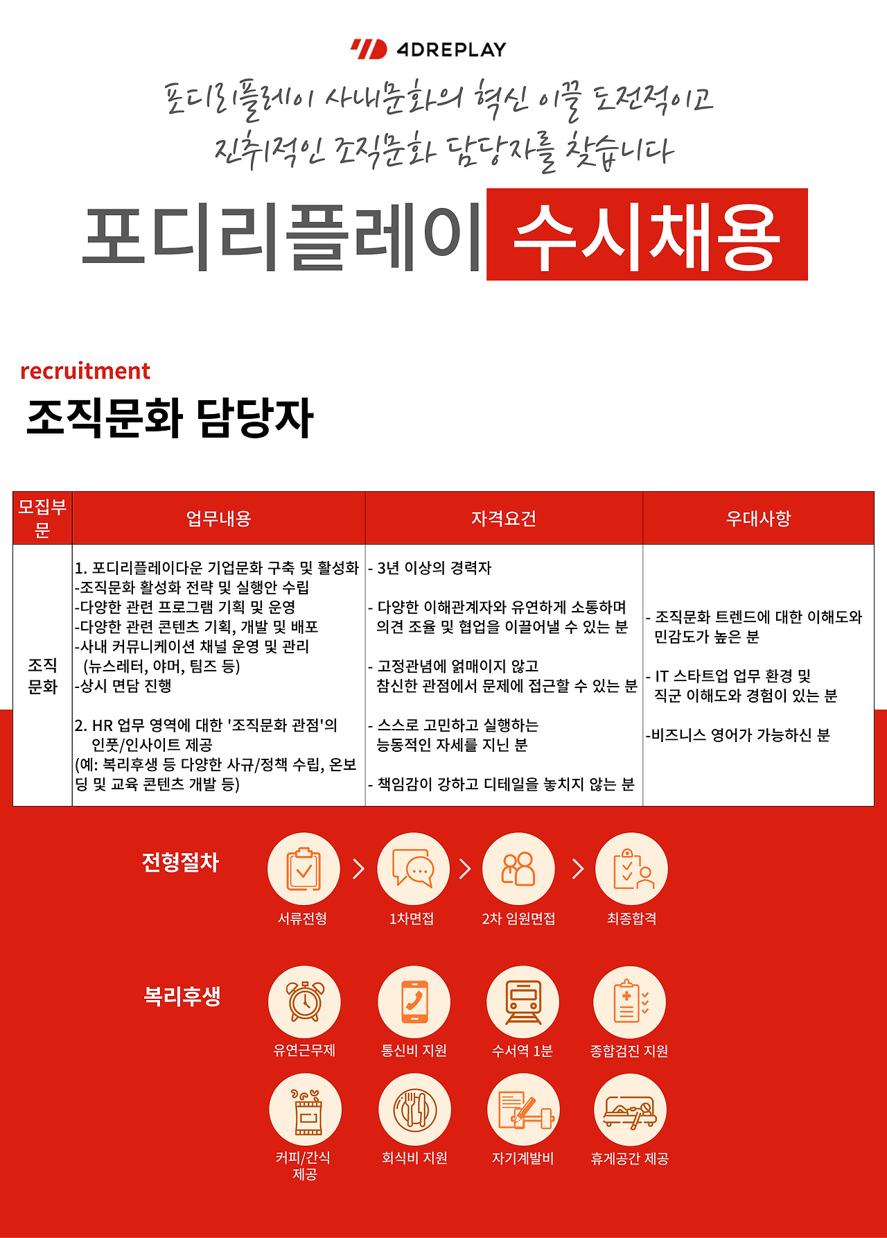 [포디리플레이코리아(주)] [4DREPLAY] 조직문화 담당자 채용 (사내 이벤트 기획 등) - 사람인