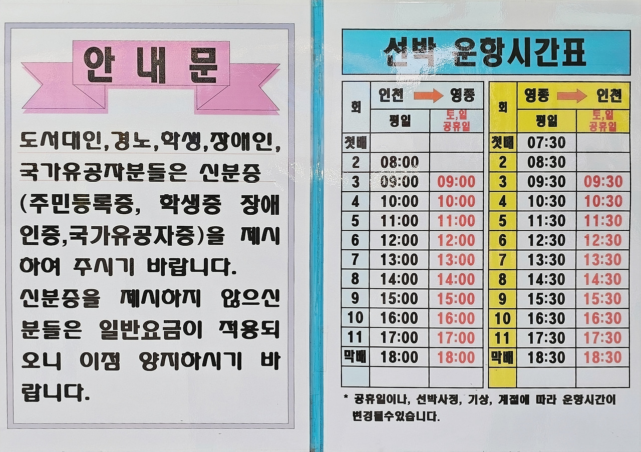 월미도에서 영종도가는 배 시간표