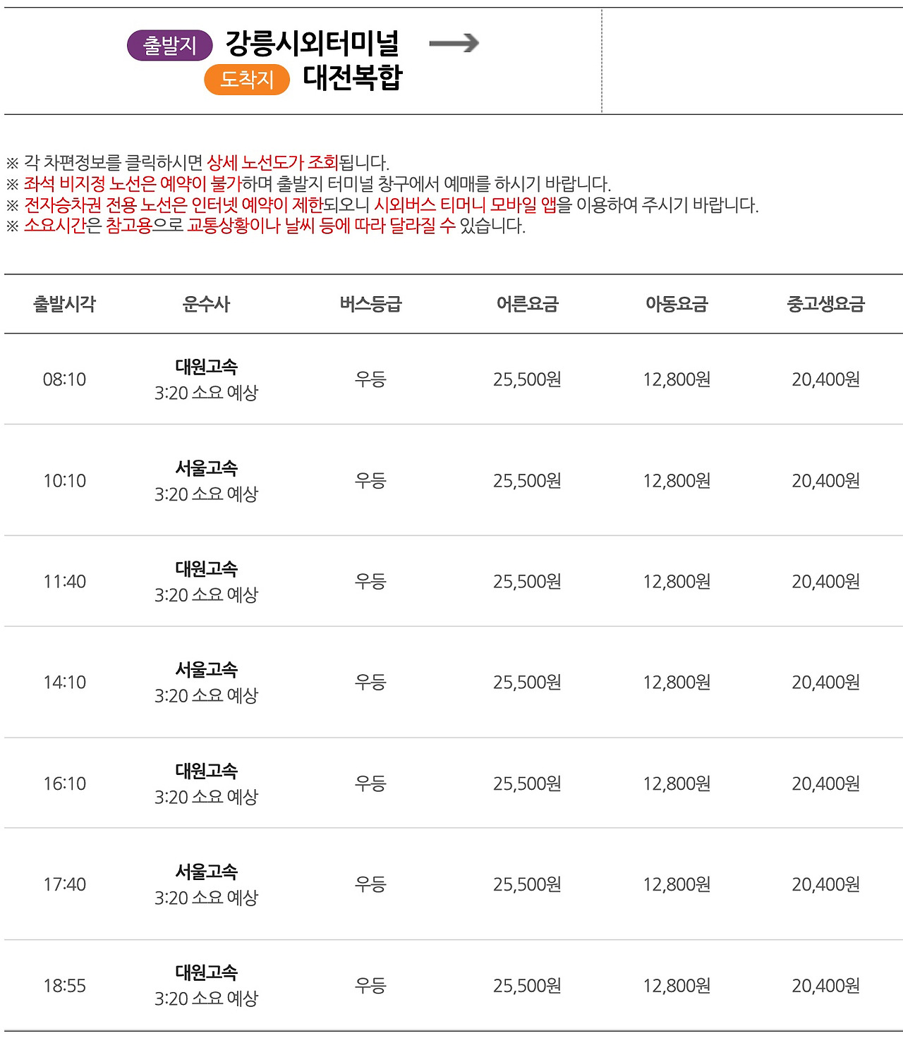 대전 강릉 고속버스 시외버스 시간표 요금 및 소요시간