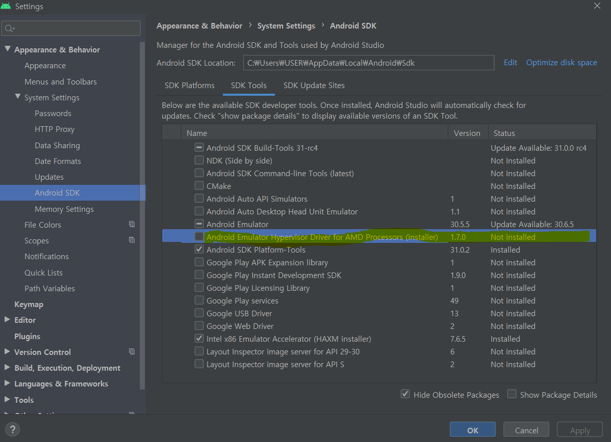 amd processor android studio sdk manager