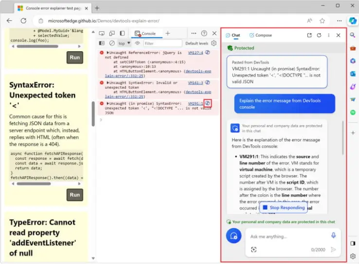 Microsoft가 Edge 개발자 도구에 Copilot을 추가하여 웹 개발자용 기능이 개발 과정과 사용자 경험에 어떤 변화를 가져올지 알아보세요 1 코파일럿이 실행되어 특정 메시지에 대한 자세한 설명