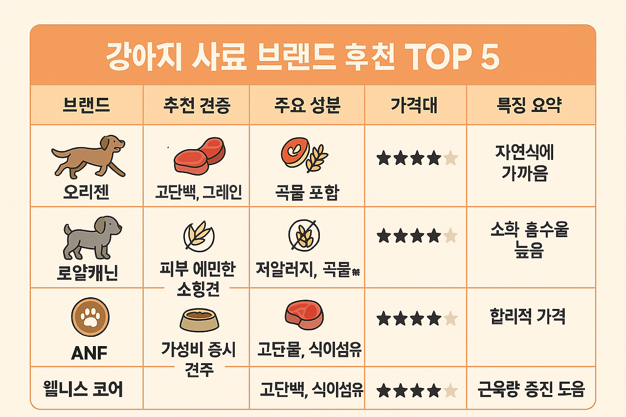 리트리버와 허스키 등 활동적인 견종이 자연 속에서 오리젠 사료를 먹는 모습