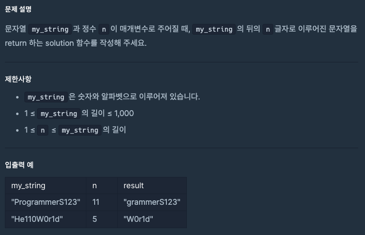 [프로그래머스_java] lv.0 문자열의 뒤의 n글자 image.