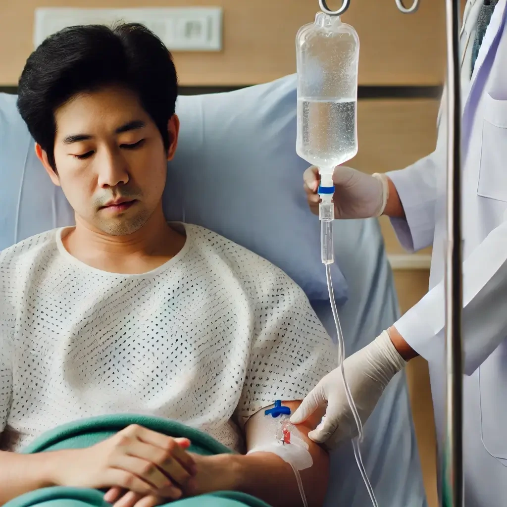 노로바이러스 감염으로 병원에서 수액 치료를 받는 환자 모습. 위장염 증상으로 인한 탈수 치료 장면