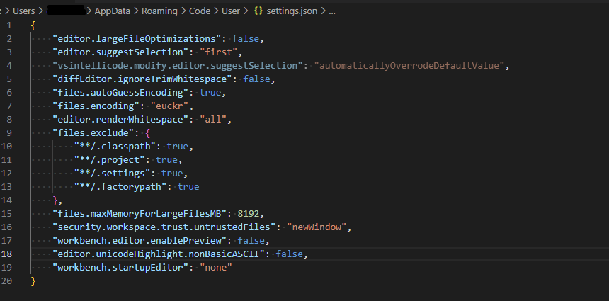 [Visual Studio Code] settings.json 설정 열기 (+ Search File/System)