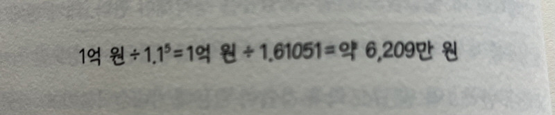 자산 가치 평가의 첫걸음, 할인율에 대해 알아보기 1 1억원에 대한 현금흐름 1억원에 대한 현재가치(나의 할인율 10%라고 가정한 경우)
5년 뒤 얻을 수 있는 현금흐름 1억원에 대한 현재가치(나의 할인율 10%라고 가정한 경우)