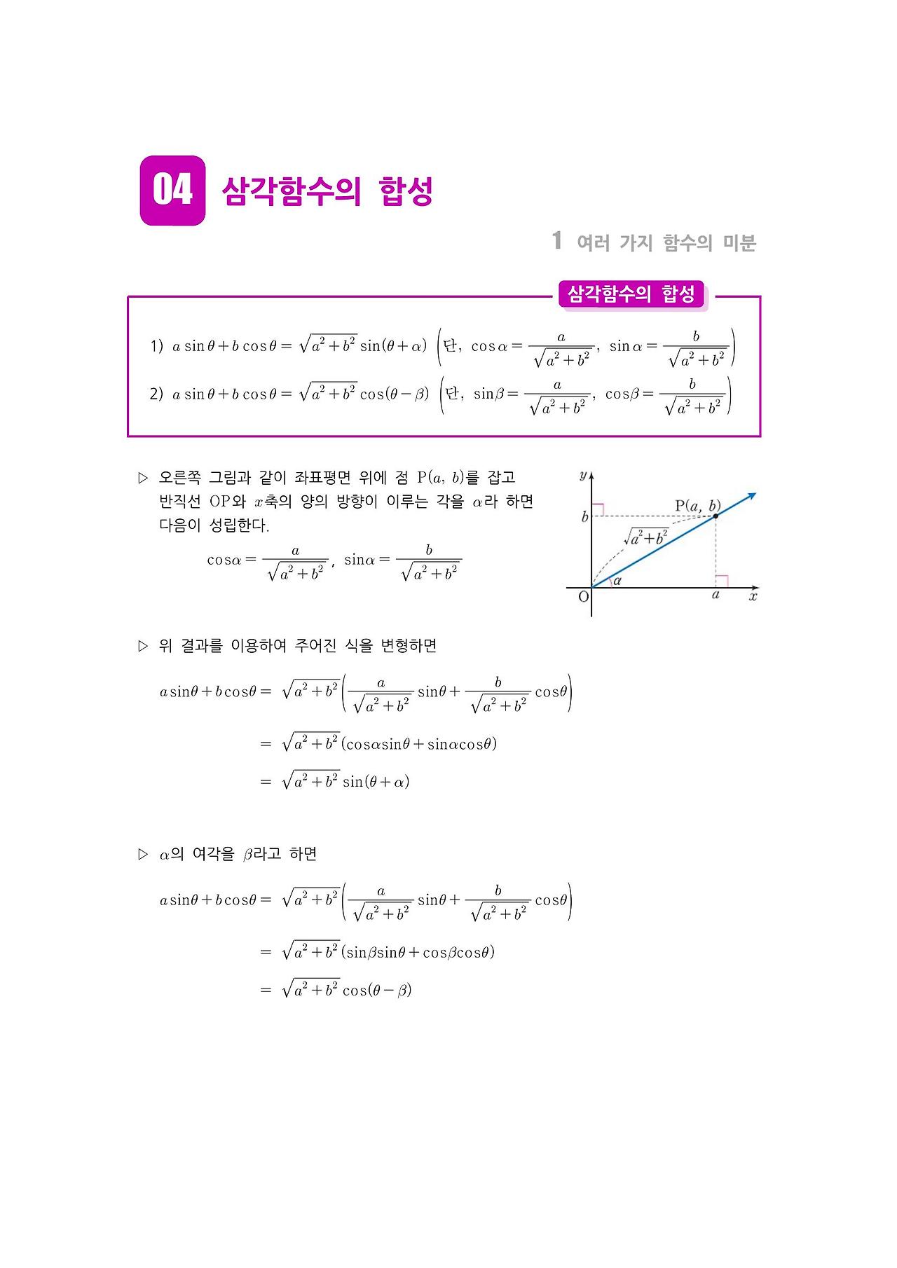 수학 개념 정리/공식 : 삼각함수의 합성, 삼각함수의 극한, 사인함수와 코사인함수의 도함수, 사인함수 미분, 코사인함수 미분