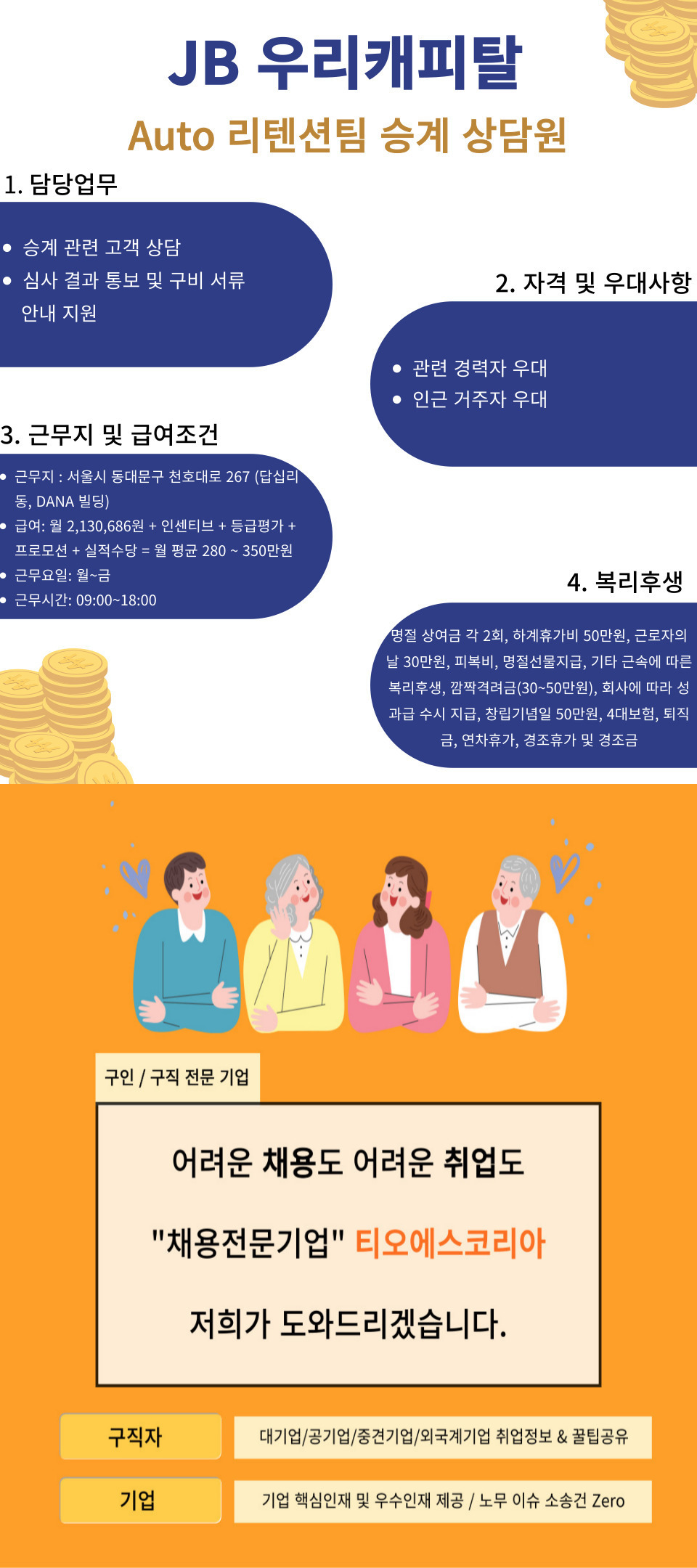 [(주)티오에스코리아] [인기급상승/JB우리캐피탈]답십리 Auto리텐션팀 승계상담원 채용 - 사람인