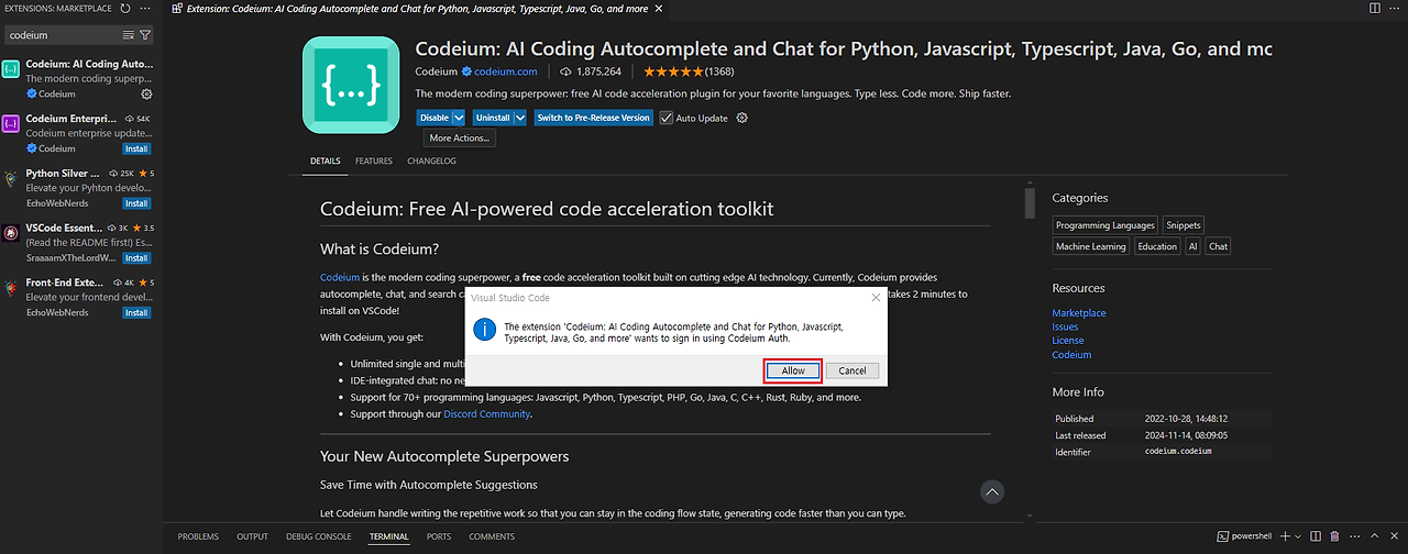 VSCode - Codeium AI 적용 (코드 자동 완성 및 채팅 도구)