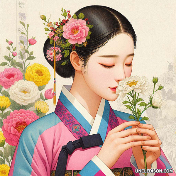 민화로 그린 꽃을 든 여인 여성 한복 이미지 일러스트 무료 다운로드 도안