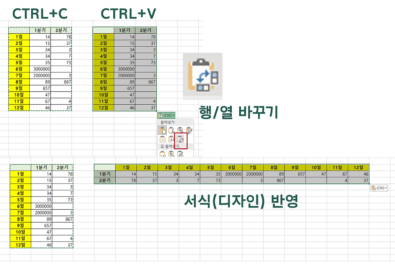 엑셀 표 가로와 세로의 행과 열을 바꾸기, Transpose 함수 사용 방법