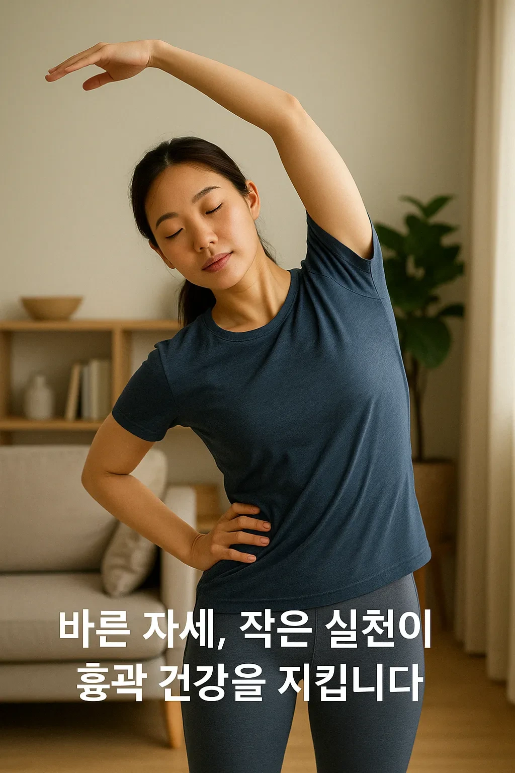 침실 거울 앞에서 비대칭적인 갈비뼈 돌출을 살펴보는 여성. 바른 자세와 건강 인식을 위한 자가 점검 장면.
