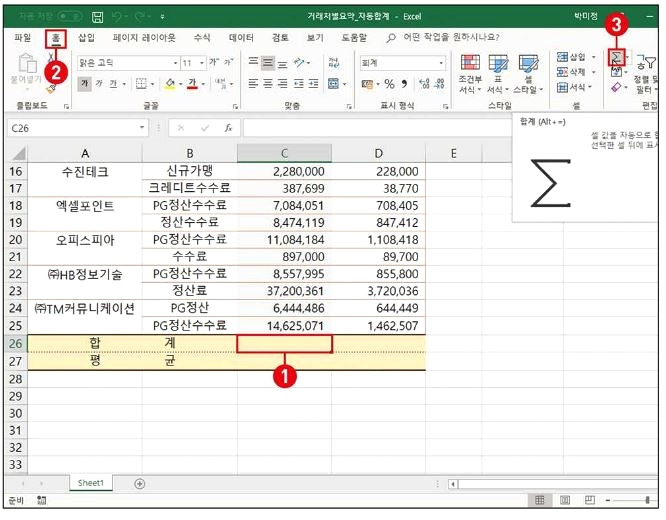 엑셀 자동 합계 함수 이용해 합계(평균) 구하기 1 ywAAAAAAQABAAACAUwAOw==
