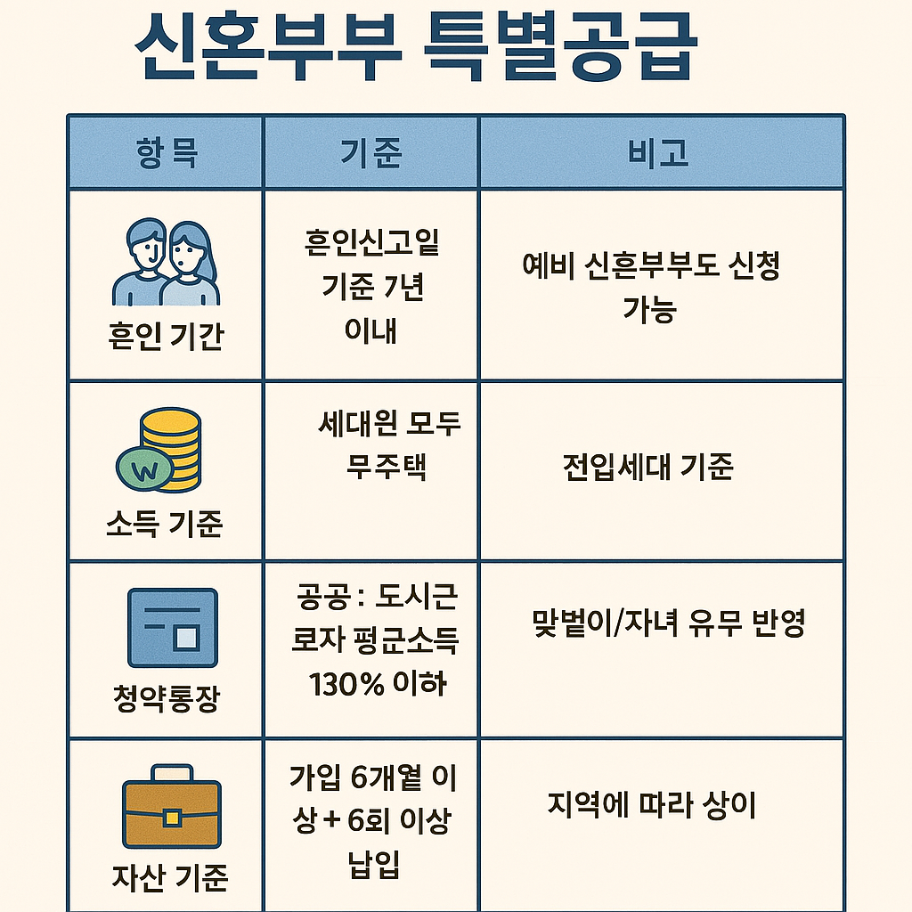 2025 신혼부부 특별공급 자격 요건 요약표 – 혼인기간, 소득, 자산 등